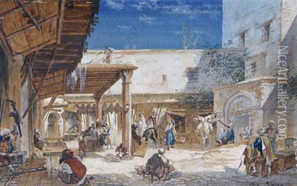 An Arab Market Oil Painting - Eugene Napoleon Flandin