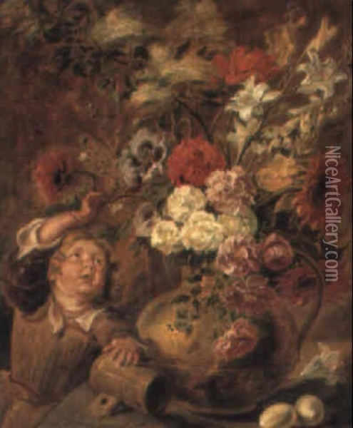 Roses And Other Flowers In A Jug With Eggs And A Cup On A Table Near A Child Oil Painting - Jan Fyt