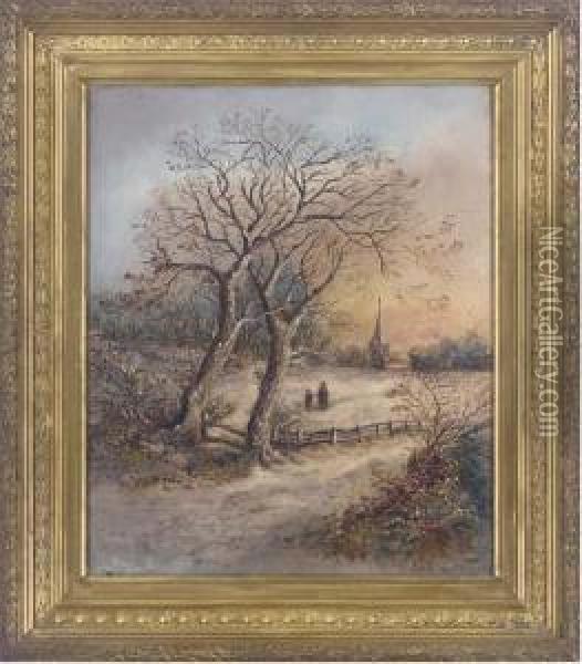 Figures Crossing A Snowy Field Towards A Church Oil Painting - Nellie Thomas