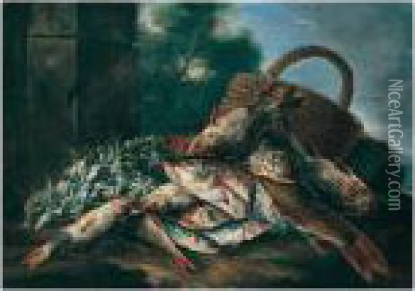 Still Life Of Fish, A Wicker Basket And Celeriac In A River Landscape Oil Painting - Nicola Maria Recco