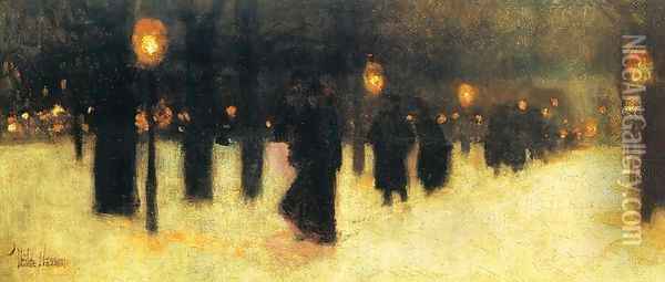 Across the Common on a Winter Evening Oil Painting - Frederick Childe Hassam