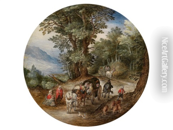 Waldstrasse Mit Planwagen Und Schweineherde Oil Painting - Jan Brueghel the Elder