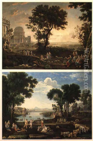 Due Paesaggi Romani Con Architetture Antiche E Figure Oil Painting - Hendrick Frans van Lint