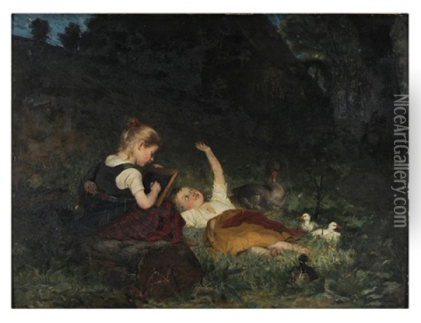 An Artist And A Dreamer, Two Children On A Hillside Oil Painting - Herman Frederik Carel ten Kate