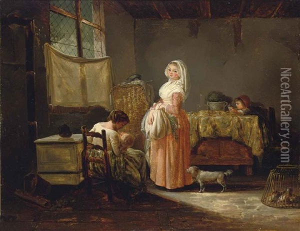 Women And Children In A Kitchen Interior Oil Painting - Marc Antoine Bilcoq