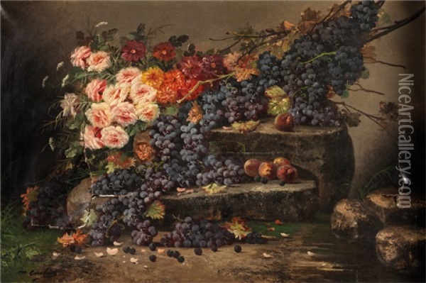 Nature Morte De Fleurs Et De Raisins Sur Un Entablement Oil Painting - Modeste (Max) Carlier