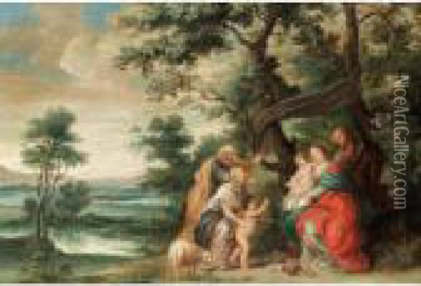 The Holy Family Receiving The Visit Of St. John The Baptist In An Extensive Landscape Oil Painting - Peter Paul Rubens