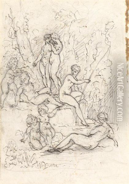 Diana Bathing. Verso: The Danaides Oil Painting - Giovanni Battista (Baciccio) Gaulli