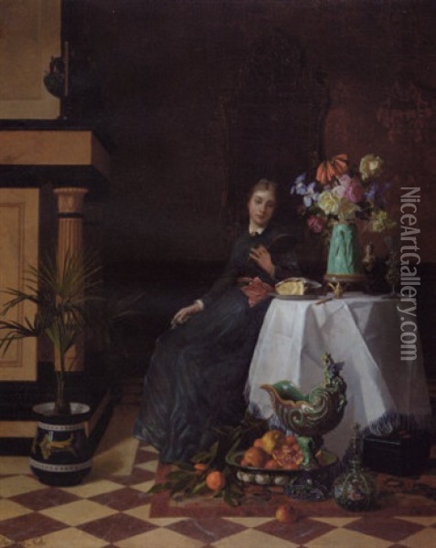 A Young Lady Seated At A Table In An Interior With Flowers, Fruits And Other Objects D'arts Oil Painting - David Emile Joseph de Noter