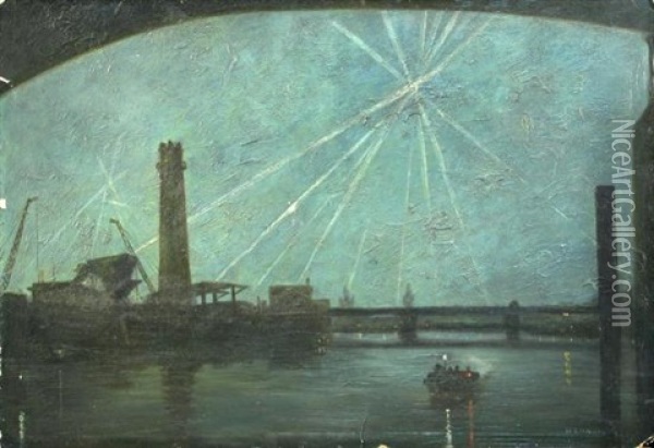 Searchlight Spotting A V2 Rocket To Shoot It Down Oil Painting - Wilfred Stanley Haines