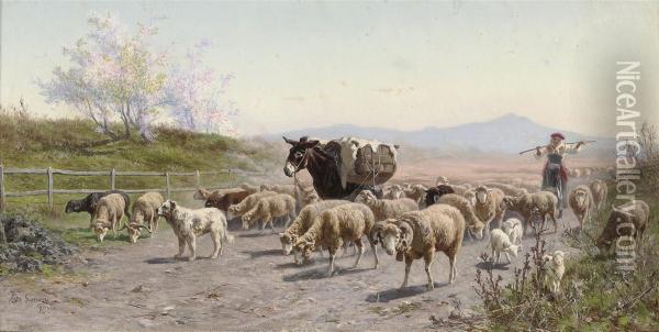 Herding Sheep Through The Roman Campagna Oil Painting - Alfredo De Simoni