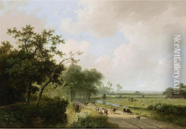 A Country Scene With Cattle Oil Painting - Marianus Adrianus Koekkoek