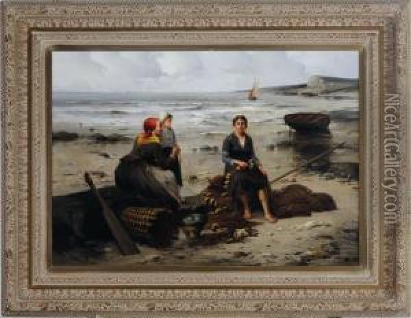 Three Generations Of Fisher Women Working On The Beach Oil Painting - Van Wyk