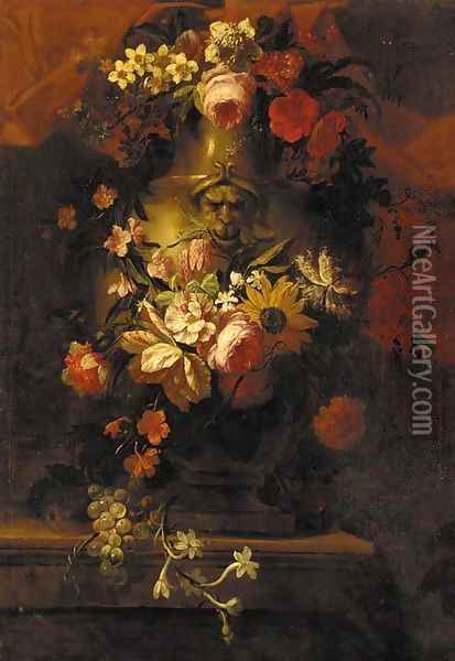 Roses, carnations, daffodils, a sunflower and other flowers in a stone urn, with grapes on the vine on a stone ledge Oil Painting - Caspar Pieter I Verbrugghen