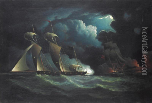 Sea Battle Oil Painting - Francis Hustwick