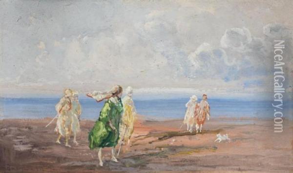 Sulla Spiaggia Di Bordighera Oil Painting - Pompeo Mariani
