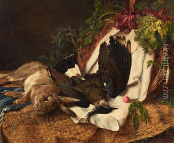 Still Life With A Rabbit And A Lapwing Oil Painting - Ludwig Gedlek