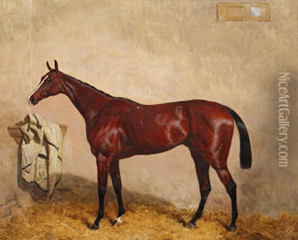 North Lincoln, A Bay Horse In A Stable Oil Painting - Harry Hall