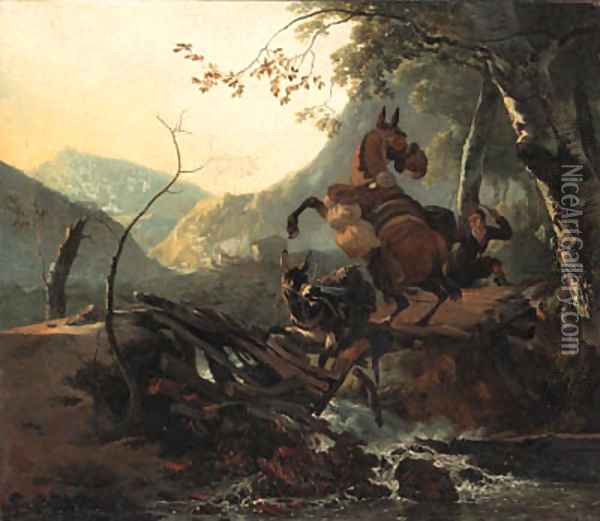 An Italianate landscape with a donkey and a rearing horse crossing a collapsing bridge Oil Painting - Adam Pynacker