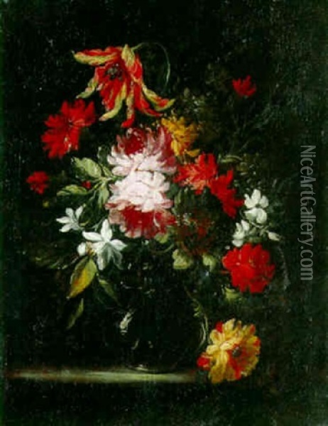Flowers In A Glass Vase On A Ledge Oil Painting - Bartolome Perez