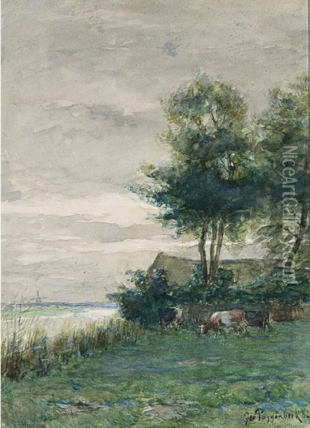 A Polder Landscape With Grazing Cows Oil Painting - Geo Poggenbeek
