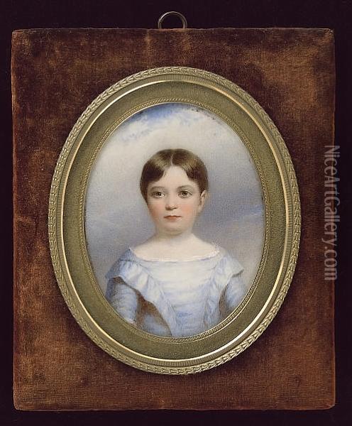 A Young Boy, Wearing Blue Dress With White Lace Neckline, His Dark Brown Hair Cropped Short Oil Painting - James Morris Davies