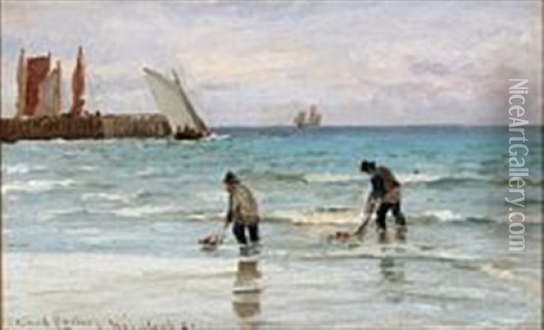 Coastal Scene From Hornbaek With Two Fishermen Oil Painting - Carl Ludvig Thilson Locher
