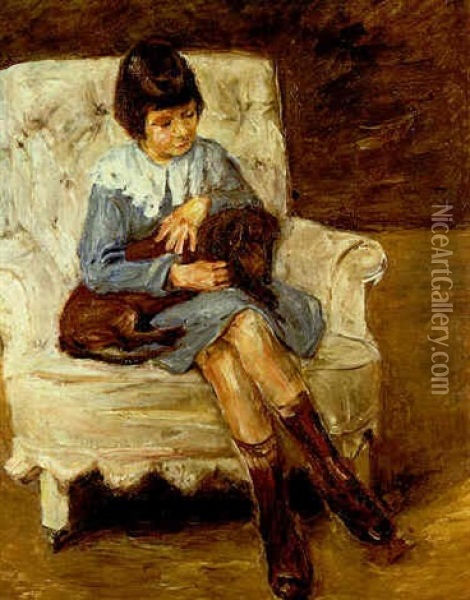 Maria Riezler-white, Grand-daughter Of The Artist, With Dachshund On Her Knee Oil Painting - Max Liebermann