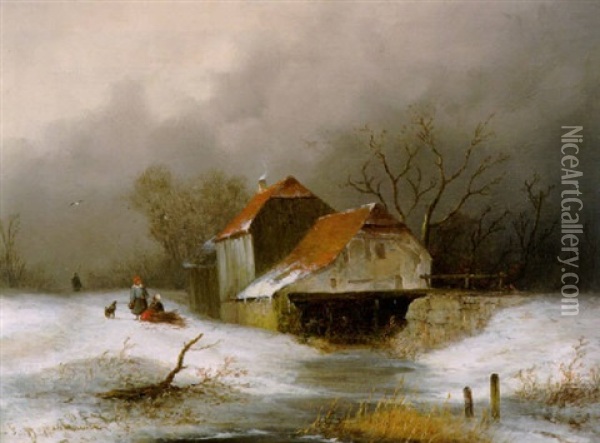 Winterlandschaft Mit Gehoft Oil Painting - Johannes Franciscus Hoppenbrouwers