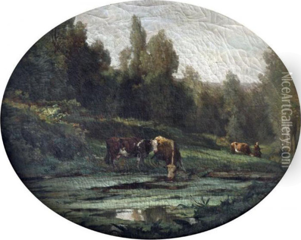 Vaches S'abreuvant Oil Painting - Constant Troyon