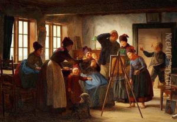 People From Fano Looking At The Painting While The Artist Has Left The Room Oil Painting - Julius Exner