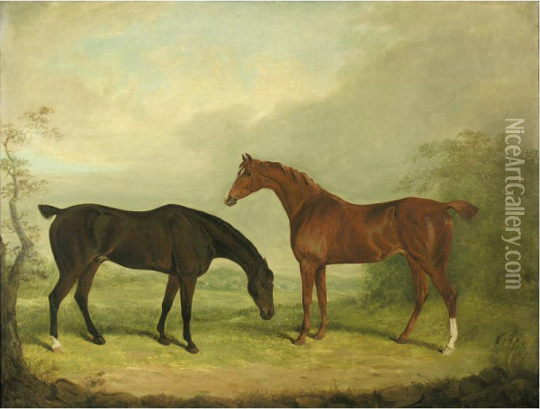 Two Horses In A Landscape Oil Painting - James Barenger