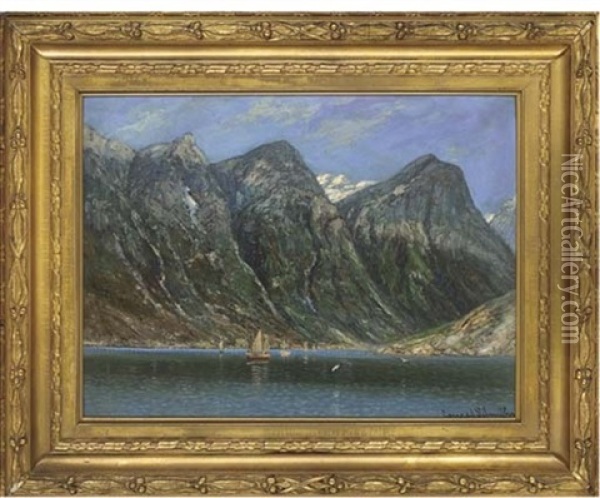 Sailing Boats In A Fjord Oil Painting - Conrad Hans Selmyhr