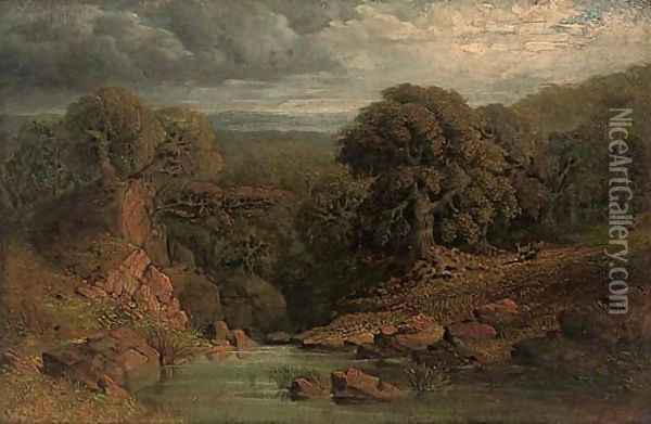 A wooded river landscape with a deer beyond Oil Painting - John Linnell