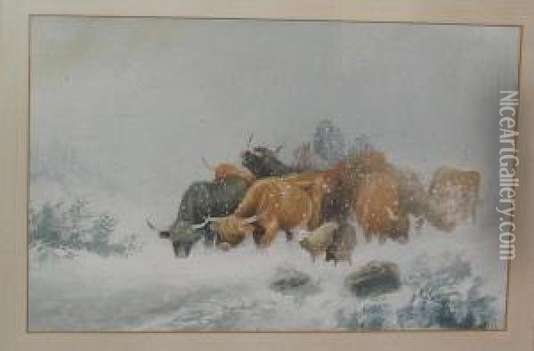 Farmers Herding Highland Cattle In A Snowstorm Oil Painting - Frederick E. Valter