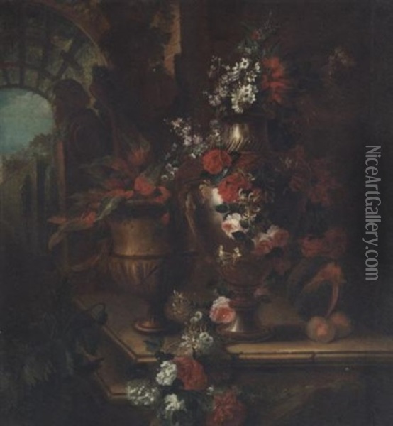 Roses, Poppies, Honeysuckle, Hollyhocks, Morning Glory, Peonies, Narcissi And Other Flowers In A Vase, With Foliage In An Urn And A Melon And Peaches On A Stone Ledge, A Garden Beyond Oil Painting - Pierre Nicolas Huilliot