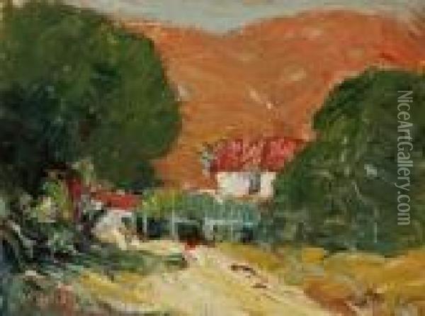 Barn With Red Roof & Red Mountains Oil Painting - Selden Connor Gile