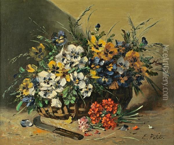 A Still Life With Flowers In A Basket Oil Painting - Eugene Petit