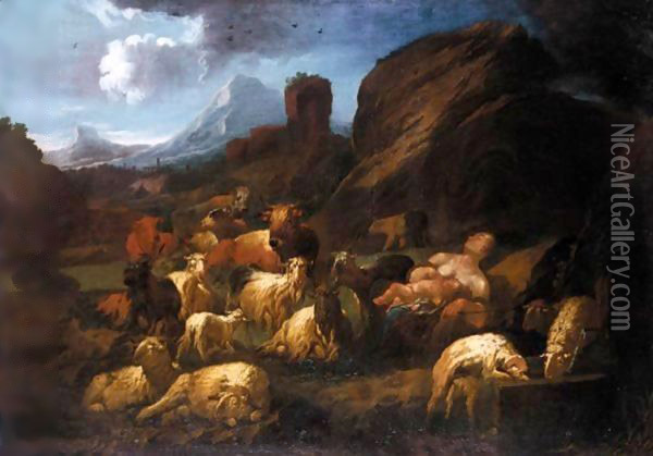 An Italianate Landscape With A Shepherd And His Animals Oil Painting - Philipp Peter Roos