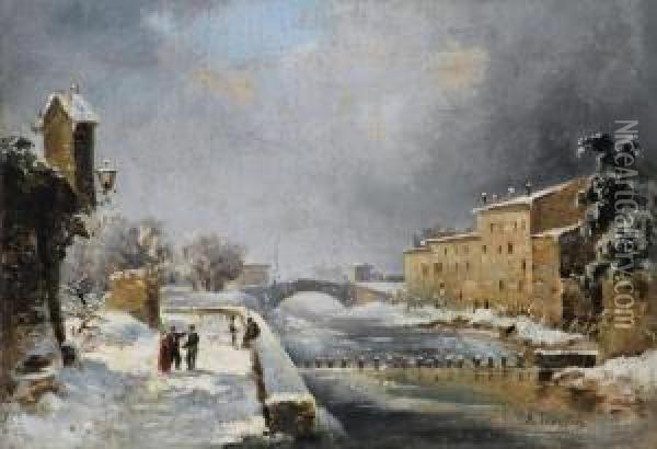Navigli Con Neve Oil Painting - Angelo Trezzini