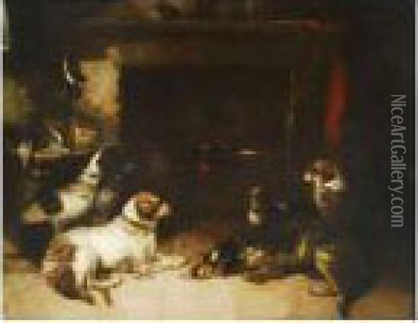 Spaniels Y Otros Perros Junto A Una Chimenea Oil Painting - George Armfield