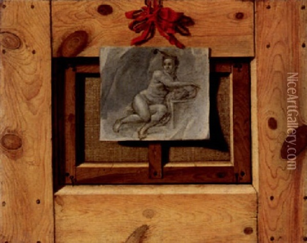 Trompe-l'oeil. Ruckseite Eines Gemaldes Mit Angehefteter Zeichnung Einer Liegenden Frau Oil Painting - Cornelis Norbertus Gysbrechts