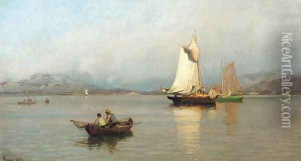 Fishing Boats off the Coast (Fiskebåter ved kysten) Oil Painting - Hans Fredrik Gude