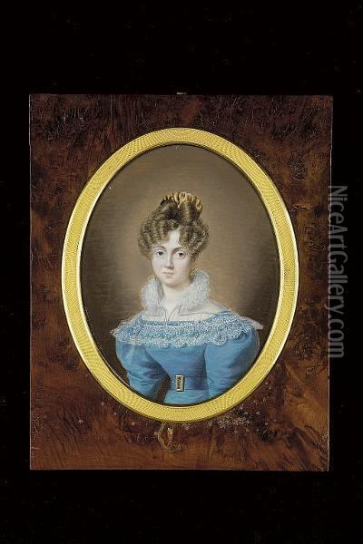A Lady, Wearing A Blue Dress, The Matching Belt With Large Brass Buckle, White Lace Collar With High Ruff Neck, Gold Earrings, A Tortoiseshell Comb In Her Upswept Brown Hair Oil Painting - Pierre Louis Bouvier