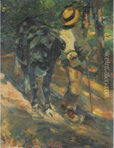 Farmer And Cow Oil Painting - Heinrich Johann Von Zugel