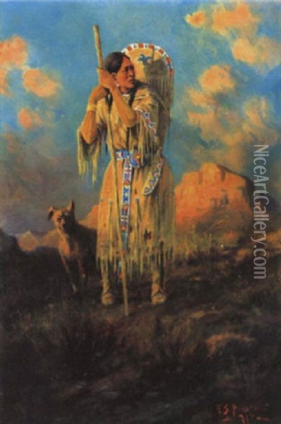 Sacajawea And Her Dog Scammon Oil Painting - Edgar Samuel Paxson