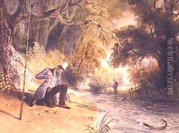 Pike Fishing Landing a Jack Oil Painting - Newton Fielding