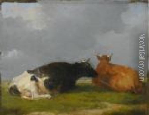 Cows At Rest Under A Darkening Sky Oil Painting - Eugene Verboeckhoven