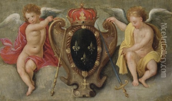 Two Putti Carrying The Royal Coat-of-arms Of France Oil Painting - Cornelis de Baellieur the Elder