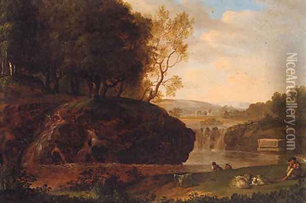 A river landscape with a shepherd resting on a bank Oil Painting - Jakob Philippe Hackert